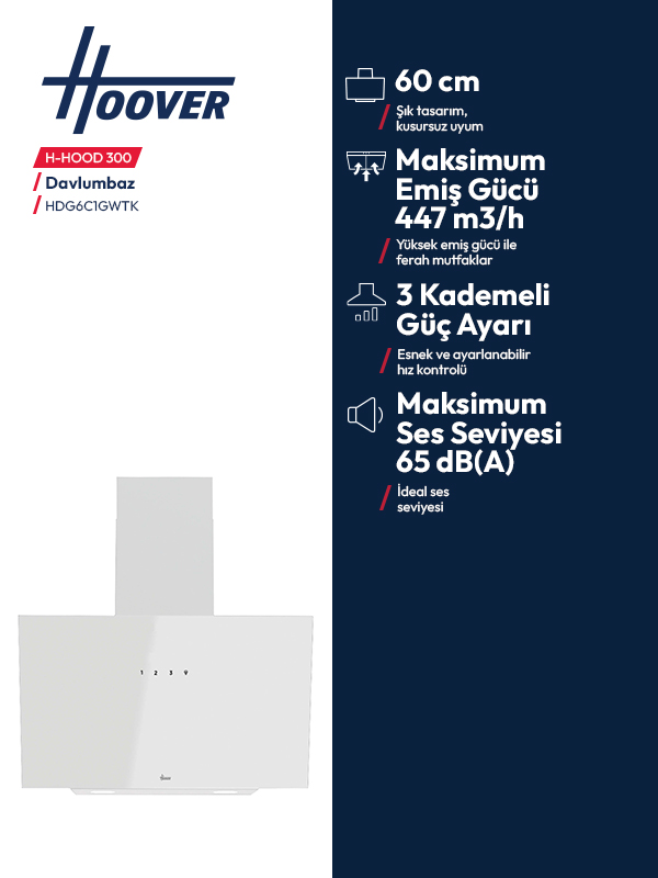Beyaz Hoover 60cm davlumbaz, 447 m3/h emiş gücü, 3 kademe, 65 dB.