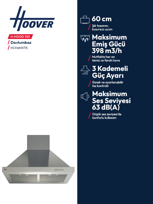 Paslanmaz çelik davlumbaz, 60 cm genişlik, 3 kademe, 398 m3/h emiş gücü.