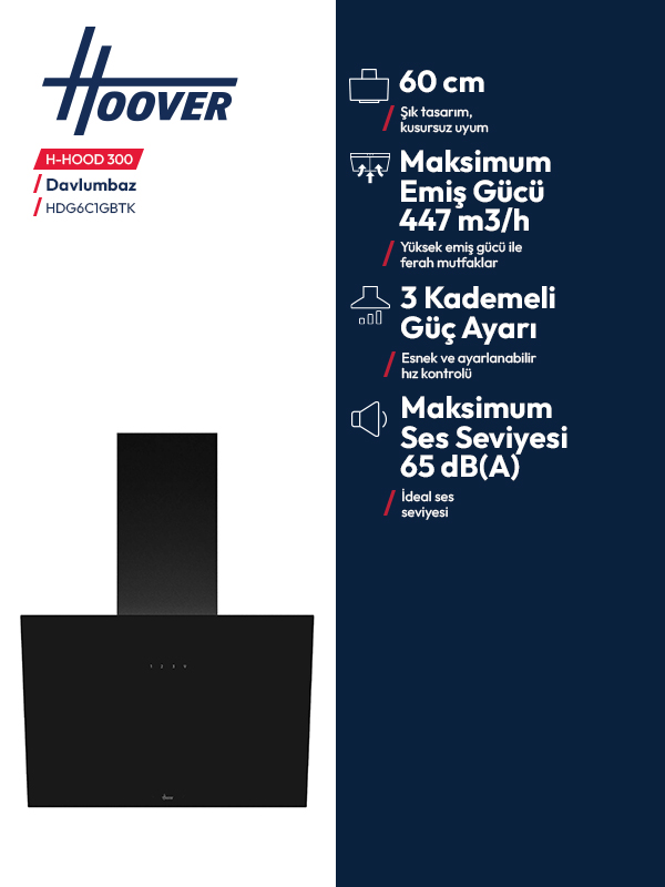 Siyah Hoover davlumbaz, 60 cm, 447 m3/h, 3 kademe, 65 dB(A).