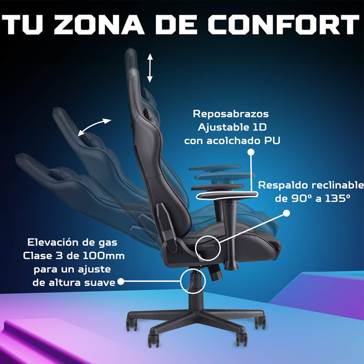 Silla gaming negra con reposabrazos y respaldo reclinables, ajuste de altura.