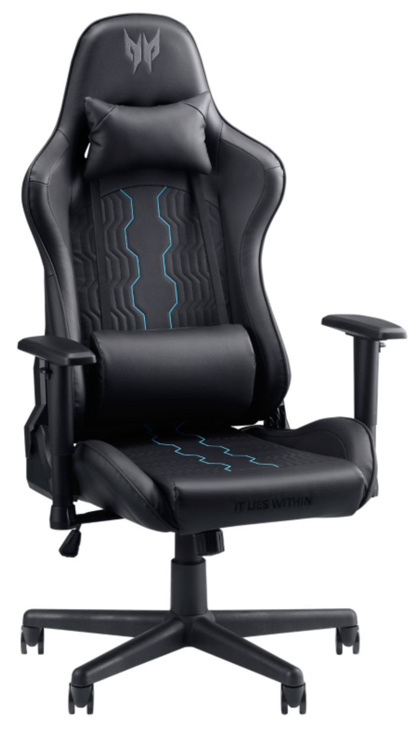 Silla gamer negra con patrón azul, reposacabezas y cojín lumbar.