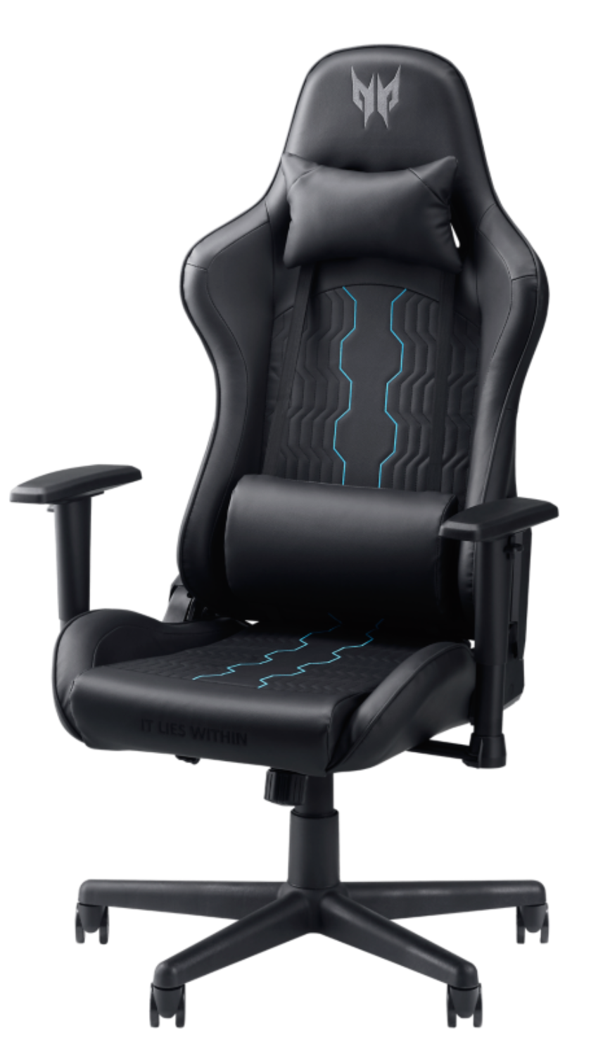 Una silla gamer negra con logo azul y cojines.
