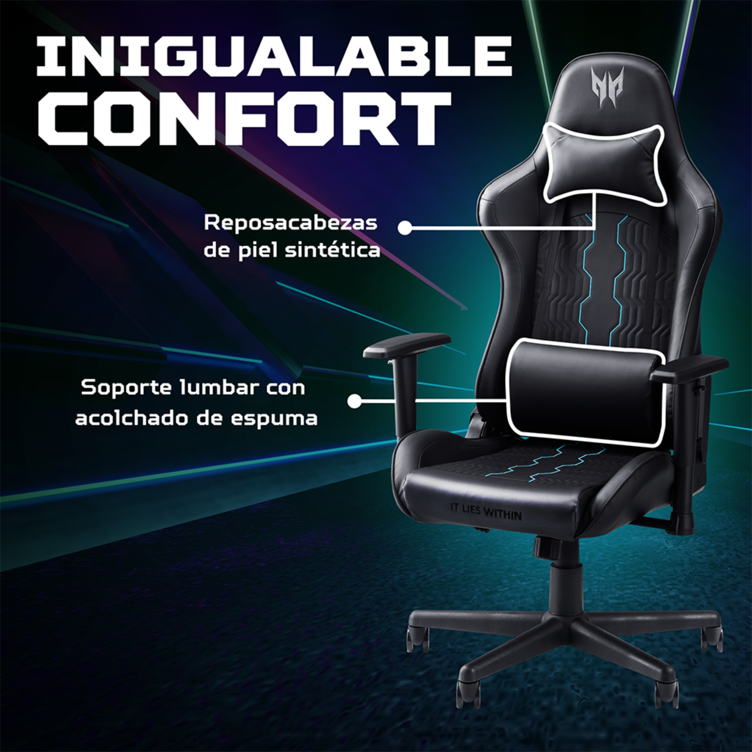 Silla gamer negra con cojines de cabeza y lomo, diseño llamativo.