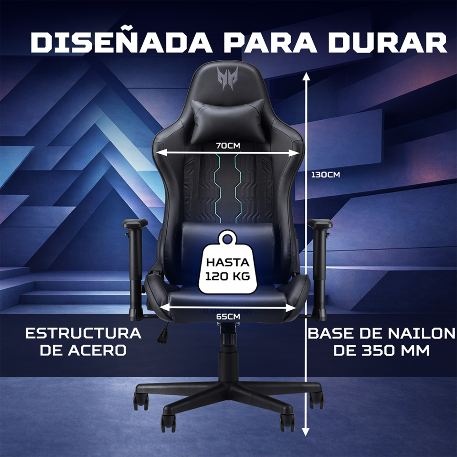 Silla gaming negra con medidas: 130cm alto, 70cm ancho, 65cm profundo.