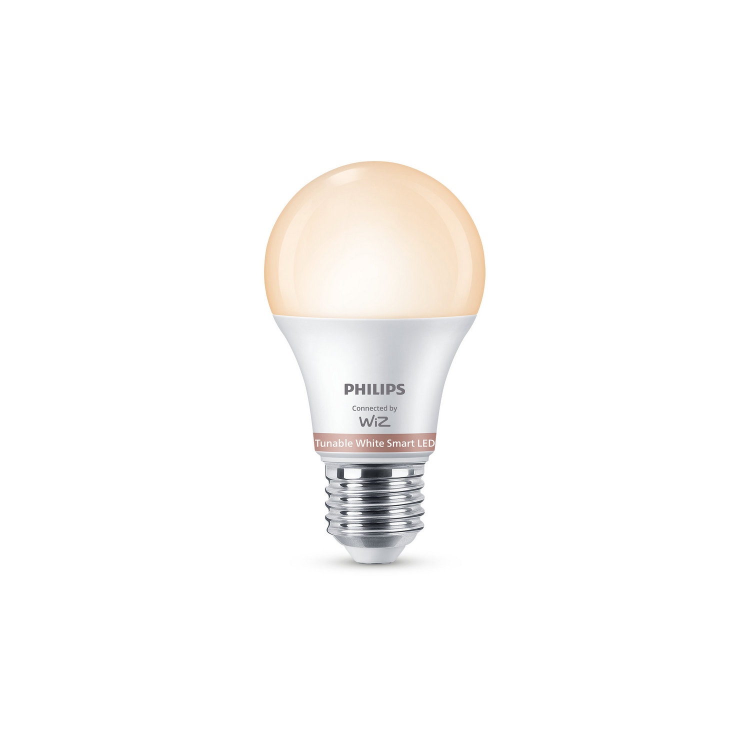 Una bombilla LED inteligente Philips Tunable White con brillo cálido, sobre fondo blanco.