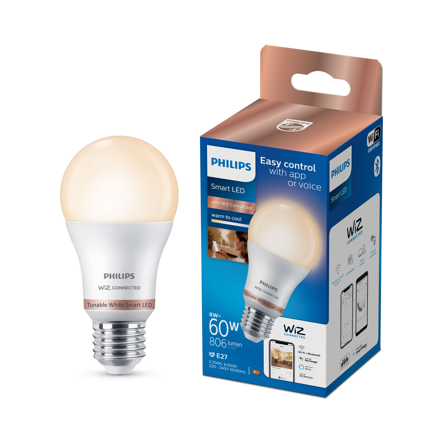 Bombilla LED inteligente Philips y embalaje con tecnología WiZ Connected.
