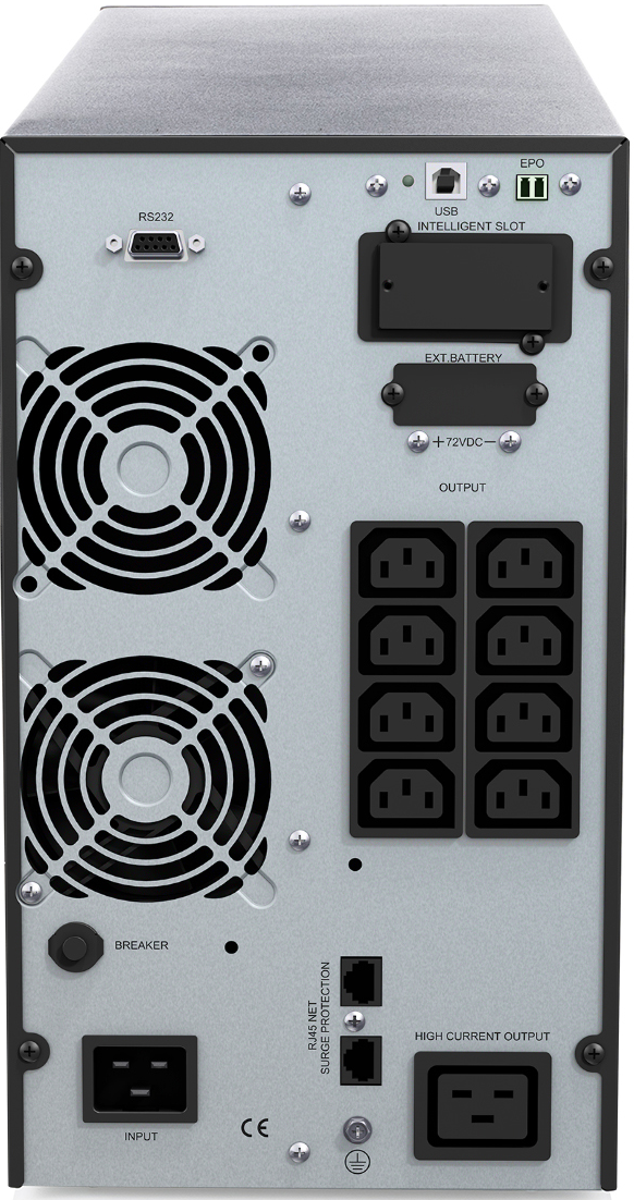 Rückseite eines USV-Geräts mit Lüftern, Anschlüssen wie RS232, USB, Batterie, Strom und Netzwerk.
