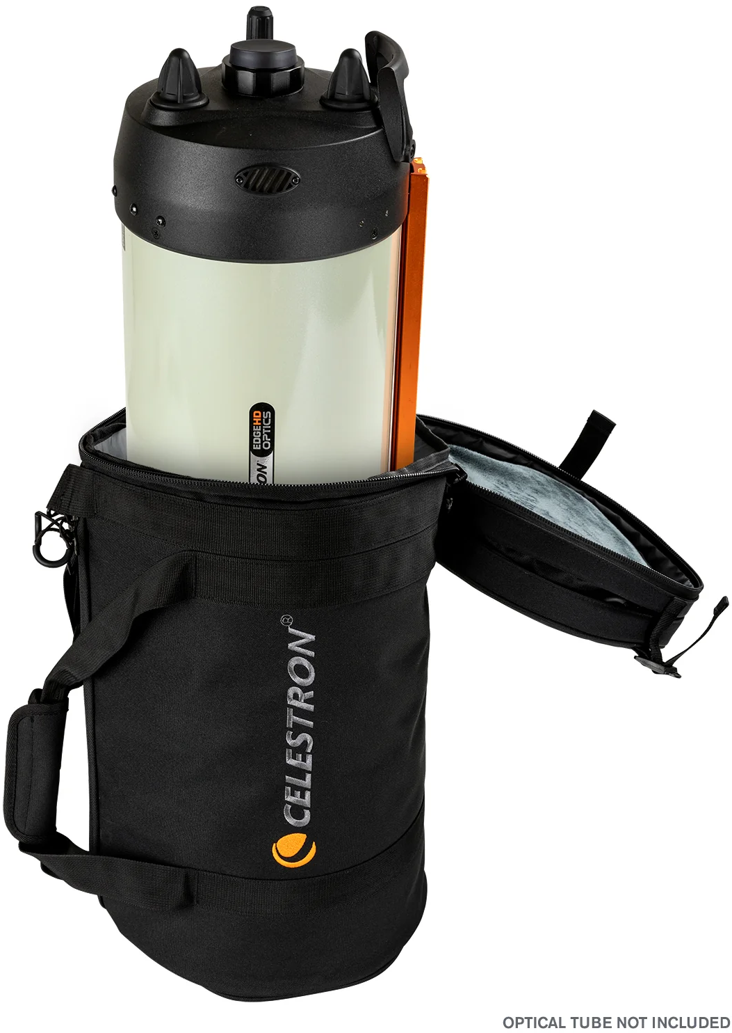 Ein weißer Teleskopkörper mit schwarzer Tasche und orangefarbenen Akzenten.