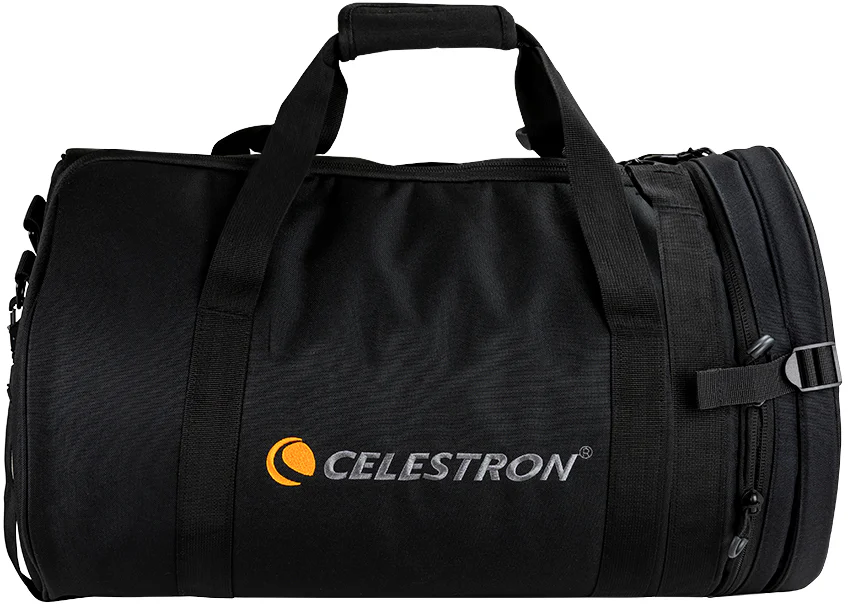 Schwarze Celestron-Tasche mit Tragegriffen und Reißverschlüssen.