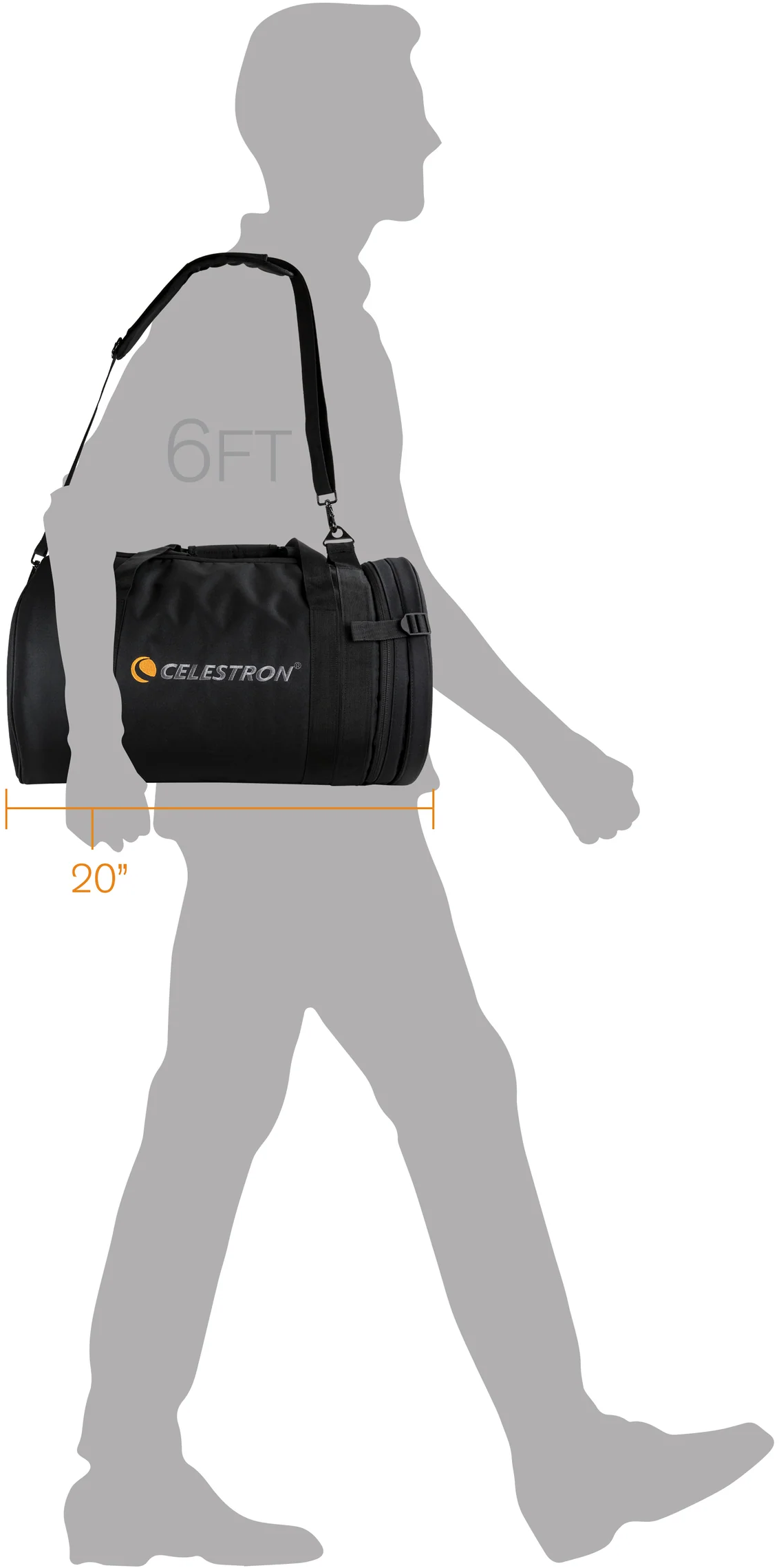 Graue Silhouette eines Mannes, der eine schwarze Celestron-Tasche trägt.