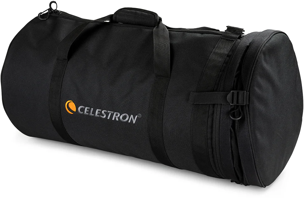 Schwarze Celestron-Tasche mit Tragegriffen und Reißverschluss.