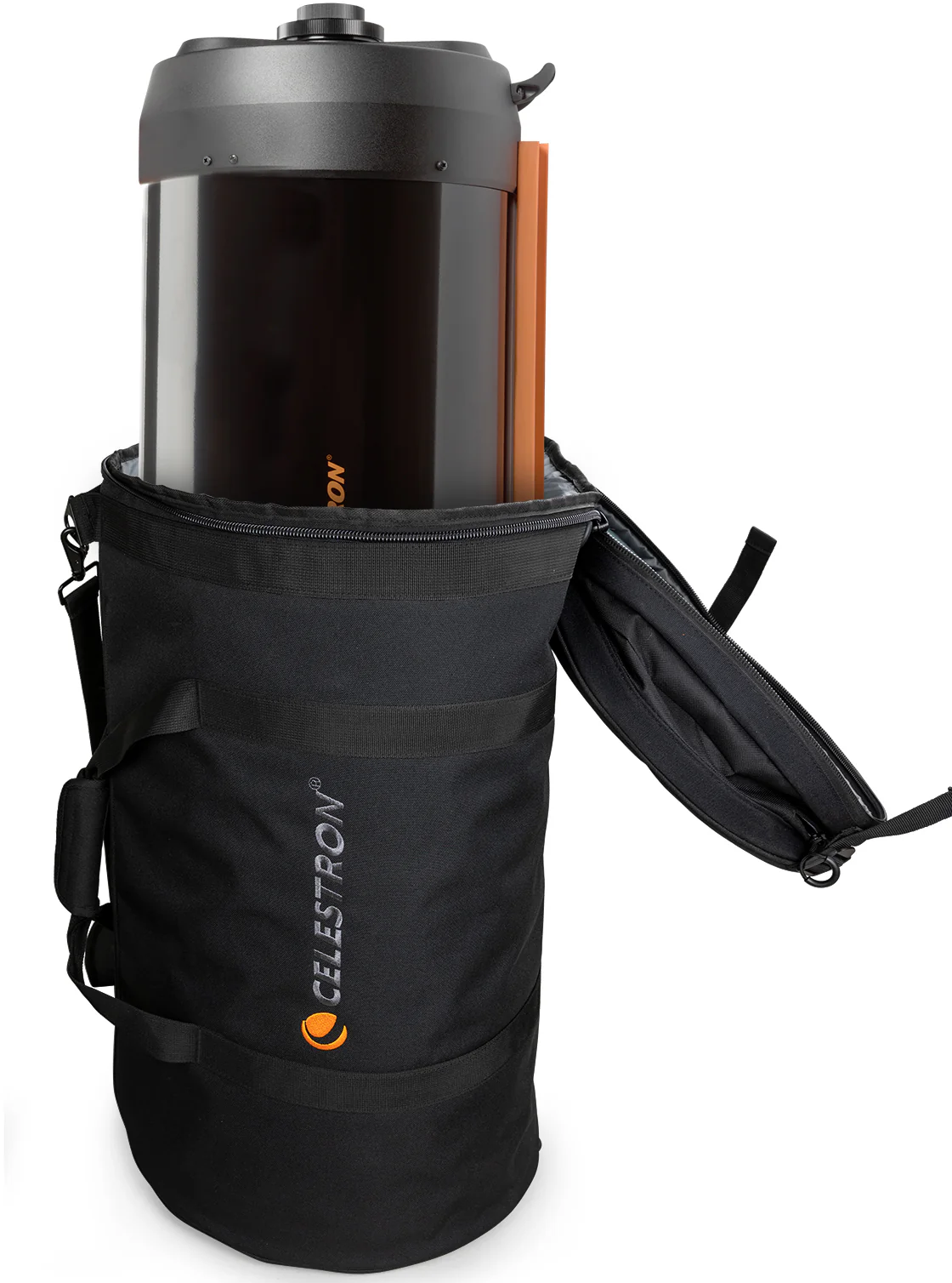 Schwarze Tasche mit offenem Reißverschluss, Teleskop-Optik und orangefarbenem Zubehörteil.