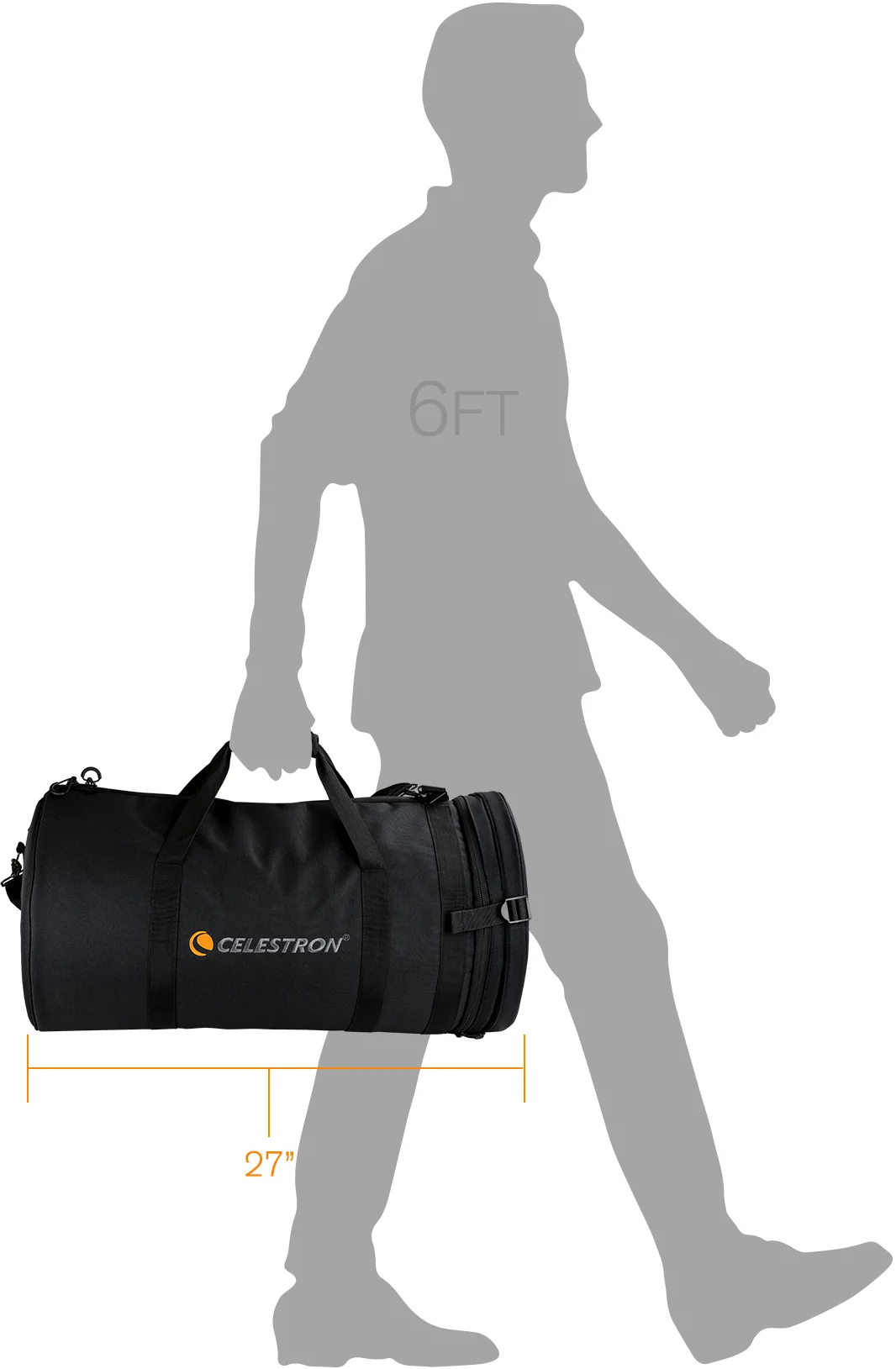 Ein 6 Fuß großer Mann trägt eine schwarze Celestron-Tasche, 27 Zoll lang.