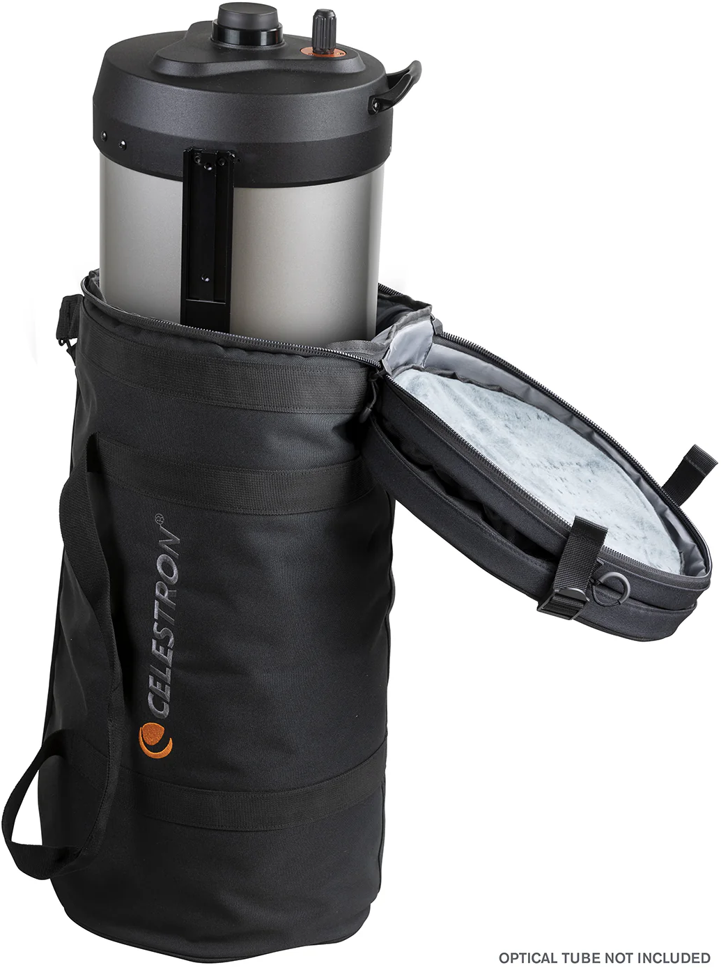Ein silbernes Teleskop-Optikrohr in einer schwarzen Celestron-Tasche mit offener Klappe.