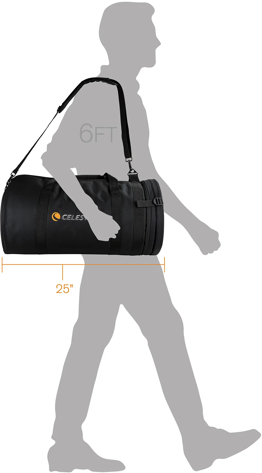 Ein Mann trägt eine schwarze Reisetasche über der Schulter. Die Tasche ist 25 Zoll lang.