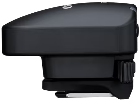 Schwarzer Kamerablitz-Adapter mit Rändelschraube und Metallkontakt.