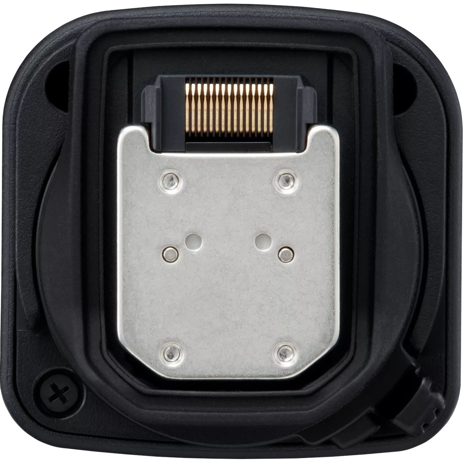 Nahaufnahme eines schwarzen Anschlussadapters mit Metallkontakten und Schrauben.