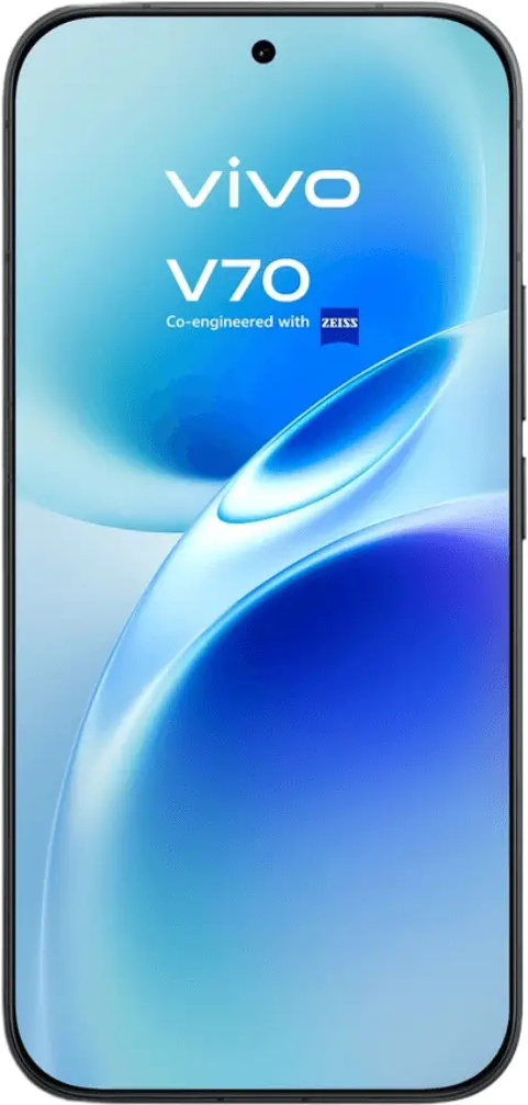 Uno smartphone Vivo V70 con uno sfondo blu a onde.