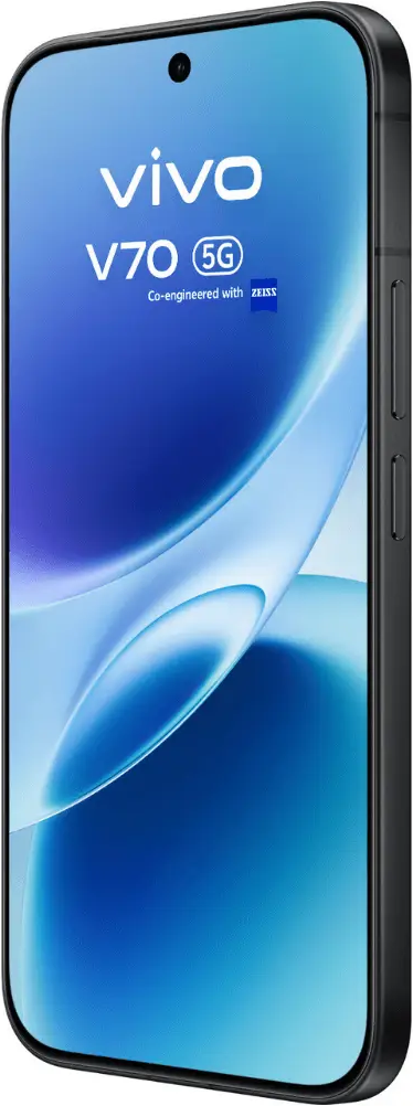 Uno smartphone nero Vivo V70 5G su sfondo blu con motivo a onde.