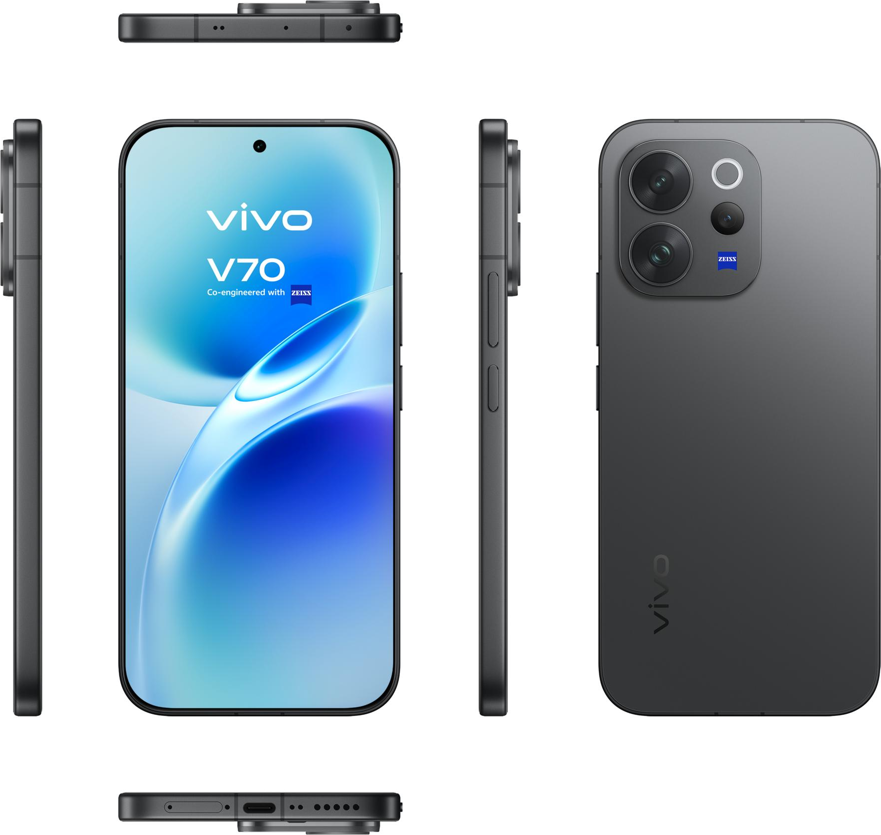 Lo smartphone Vivo V70 in grigio scuro, mostrato frontalmente, lateralmente e posteriormente.