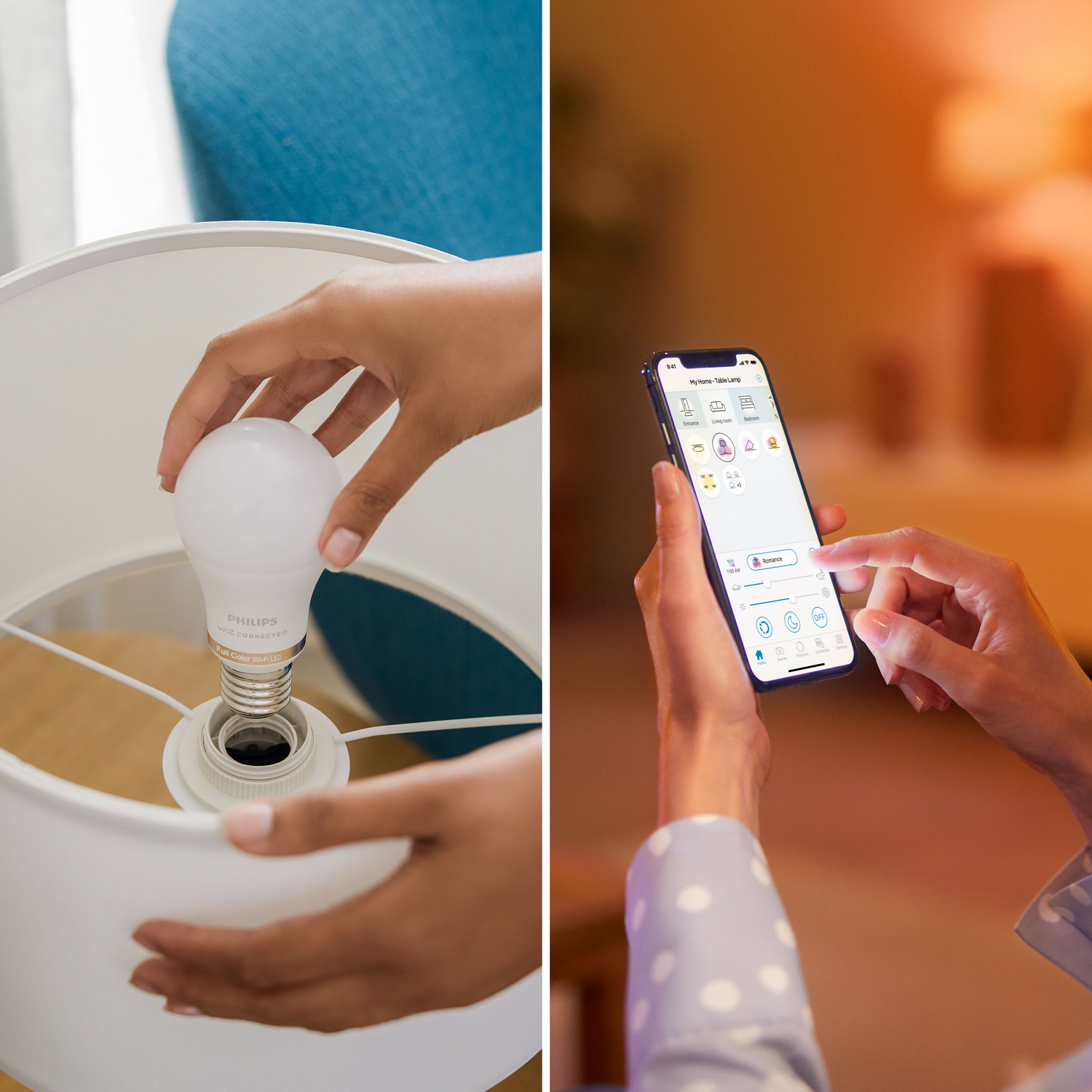 Manos instalando una bombilla LED Wi-Fi Philips y usando una app para controlar una lámpara.