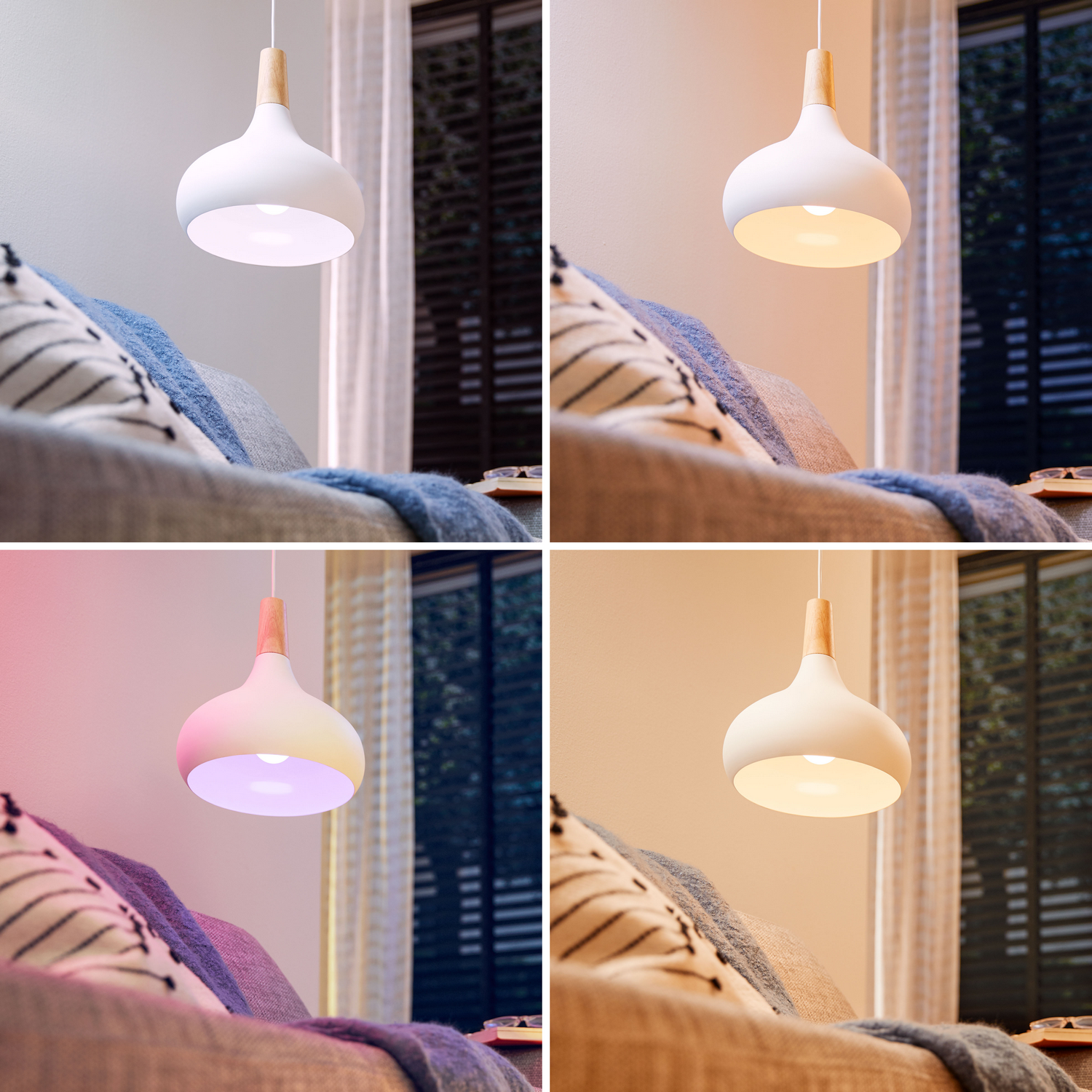 Cuatro imágenes muestran una lámpara colgante blanca sobre un sofá con diferentes colores de luz.