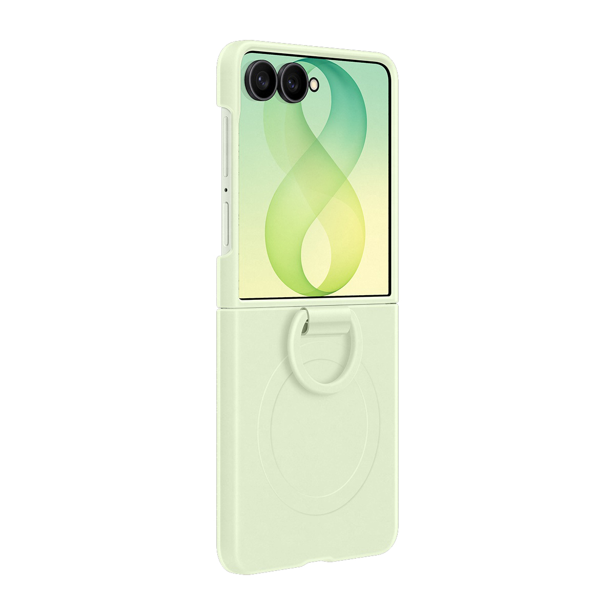 Arkada çift kamera ve halka tutamaçlı açık yeşil kapaklı telefon.
