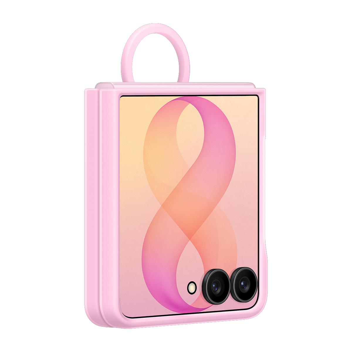 Halka ve iki kamera lensli pembe telefon kılıfı.