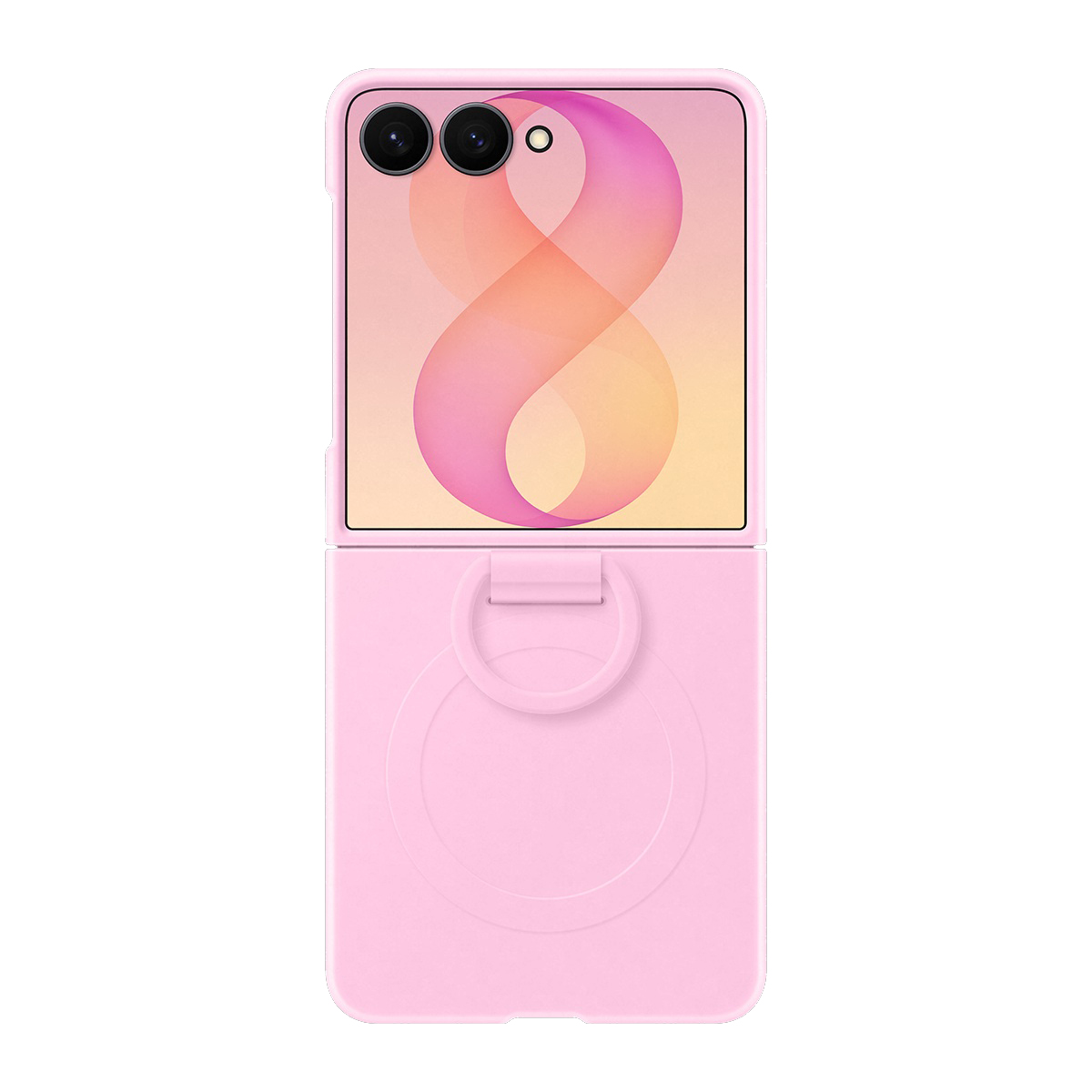 Ekranında sonsuzluk sembolü ve halka tutucusu olan pembe kapaklı telefon.