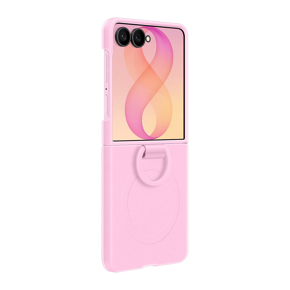 Çift kameralı, soyut ekranlı pembe kapaklı telefon.