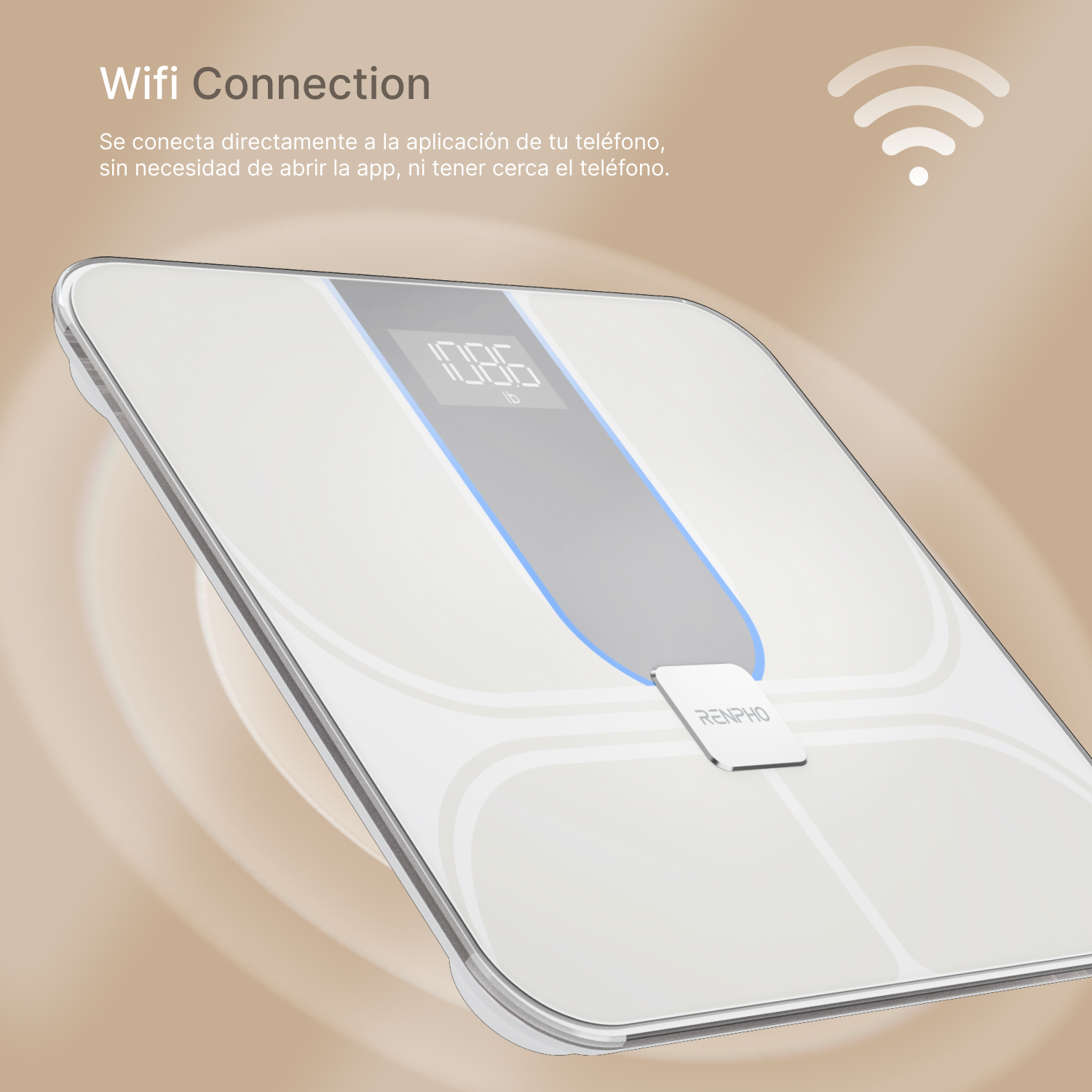 Una báscula digital blanca con símbolo Wifi y texto.