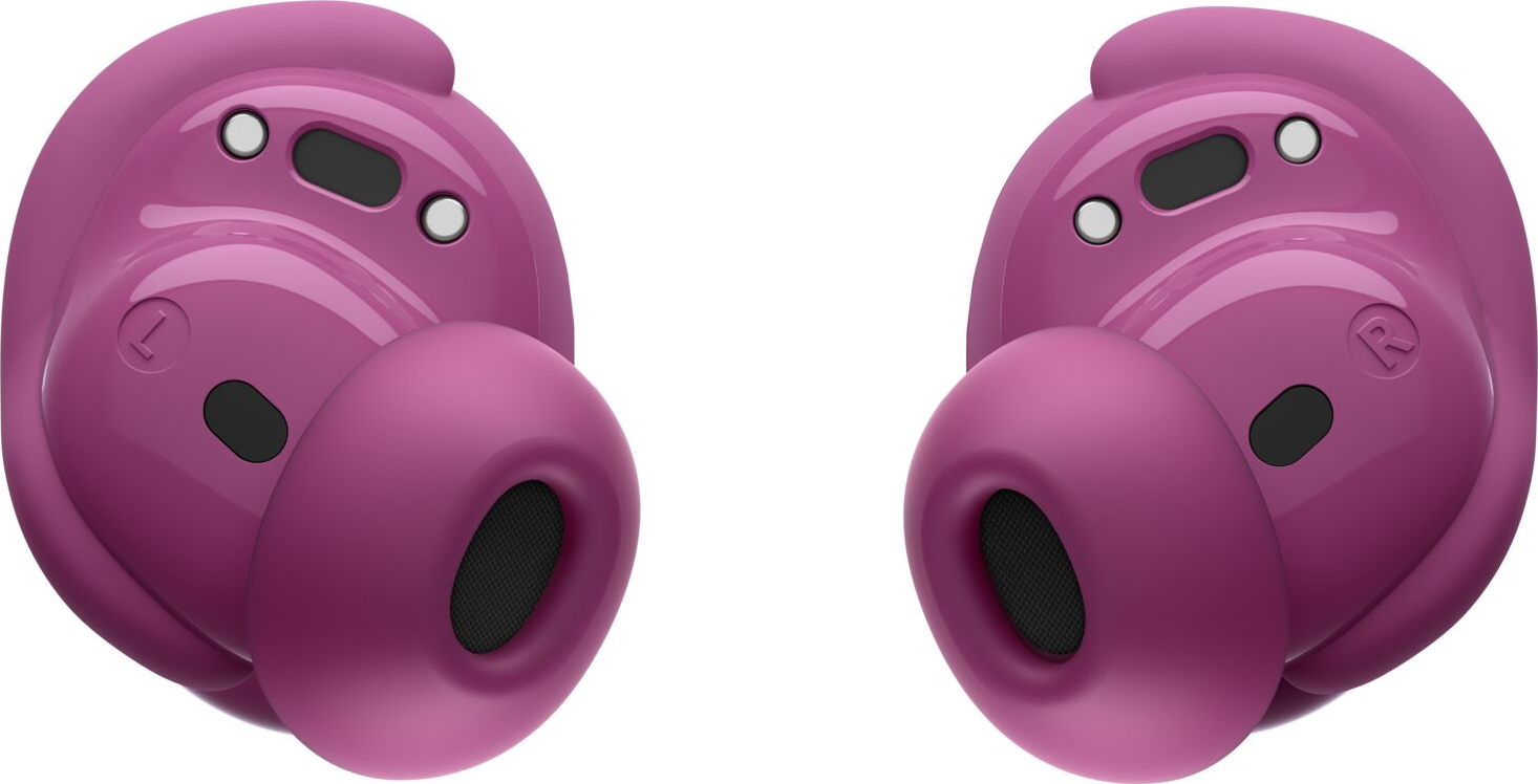 Ein Paar glänzende, pinke kabellose Ohrhörer auf weißem Hintergrund.