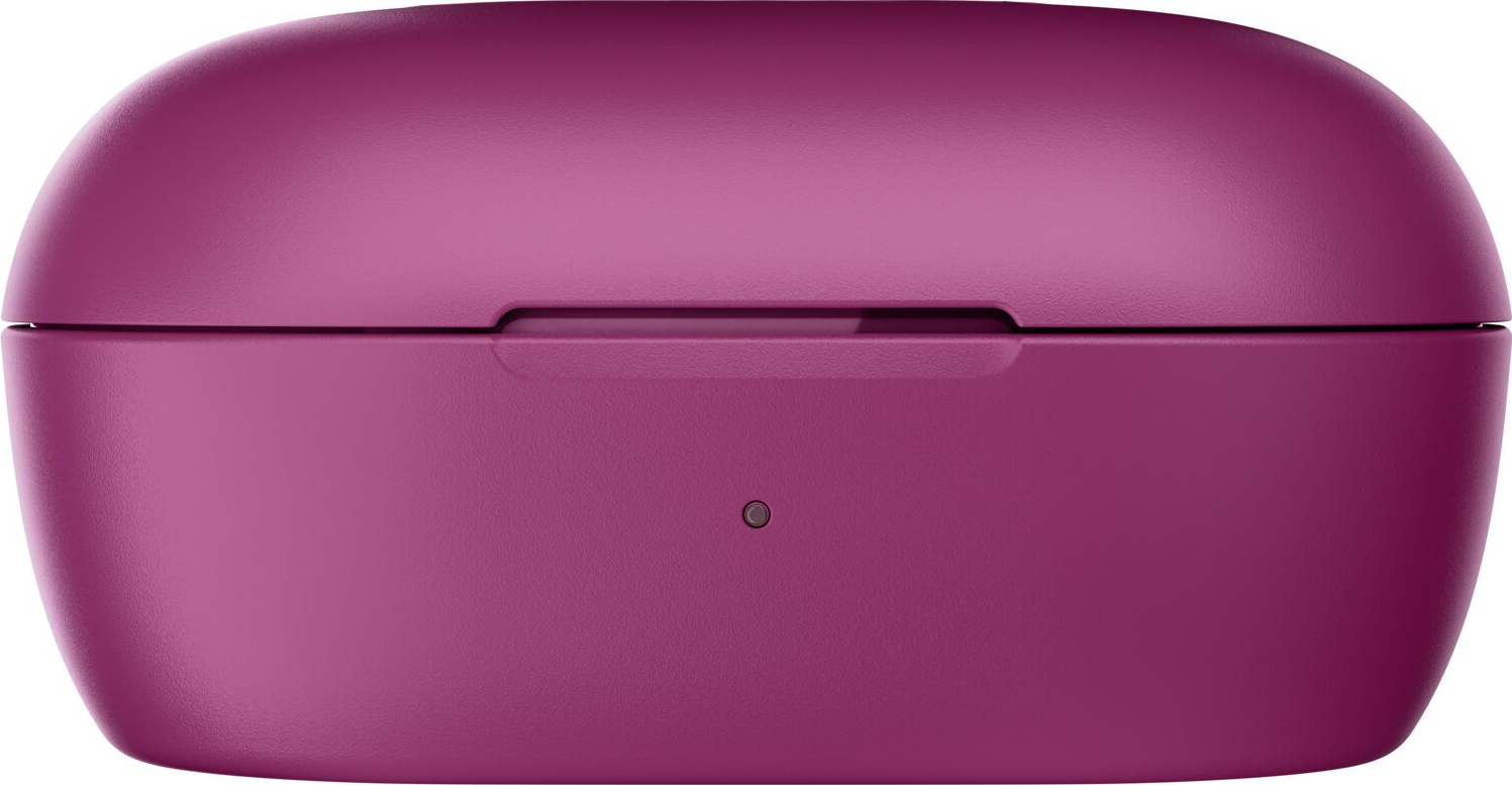 Geschlossenes, mattes, magenta Ladecase für Kopfhörer mit einem kleinen Kreis vorne.