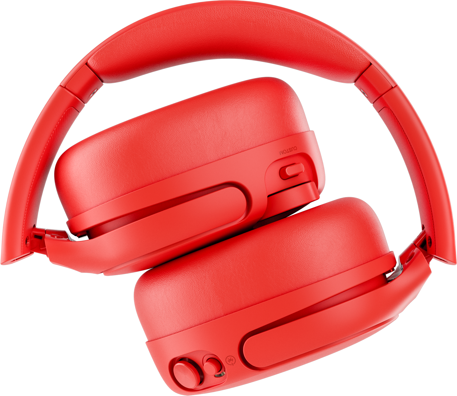 Rote Over-Ear-Kopfhörer mit Bügel und Bedienelementen auf schwarzem Hintergrund.
