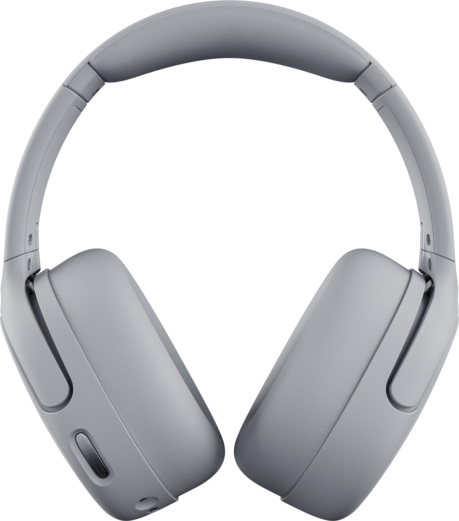 Graue Over-Ear-Kopfhörer mit Kopfbügel, auf schwarzem Hintergrund.