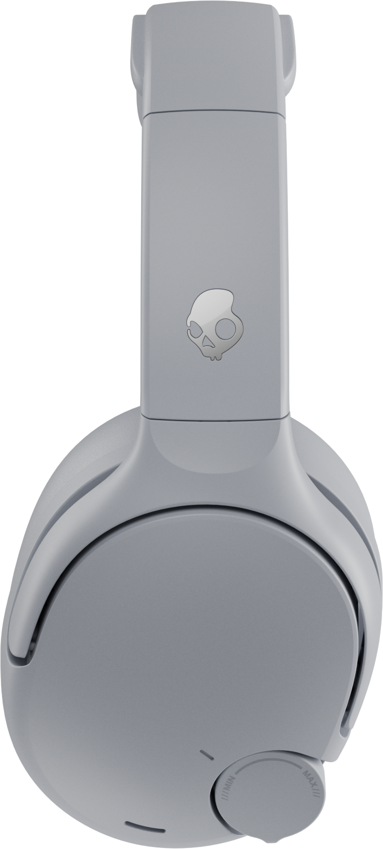Grauer Kopfhörer mit Skullcandy-Logo und Lautstärkeregler auf schwarzem Hintergrund.