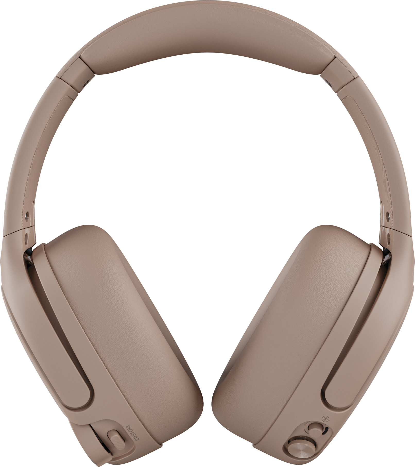 Eine beige Kopfhörer mit Kopfbügel und Ohrmuscheln. Schwarzer Hintergrund.