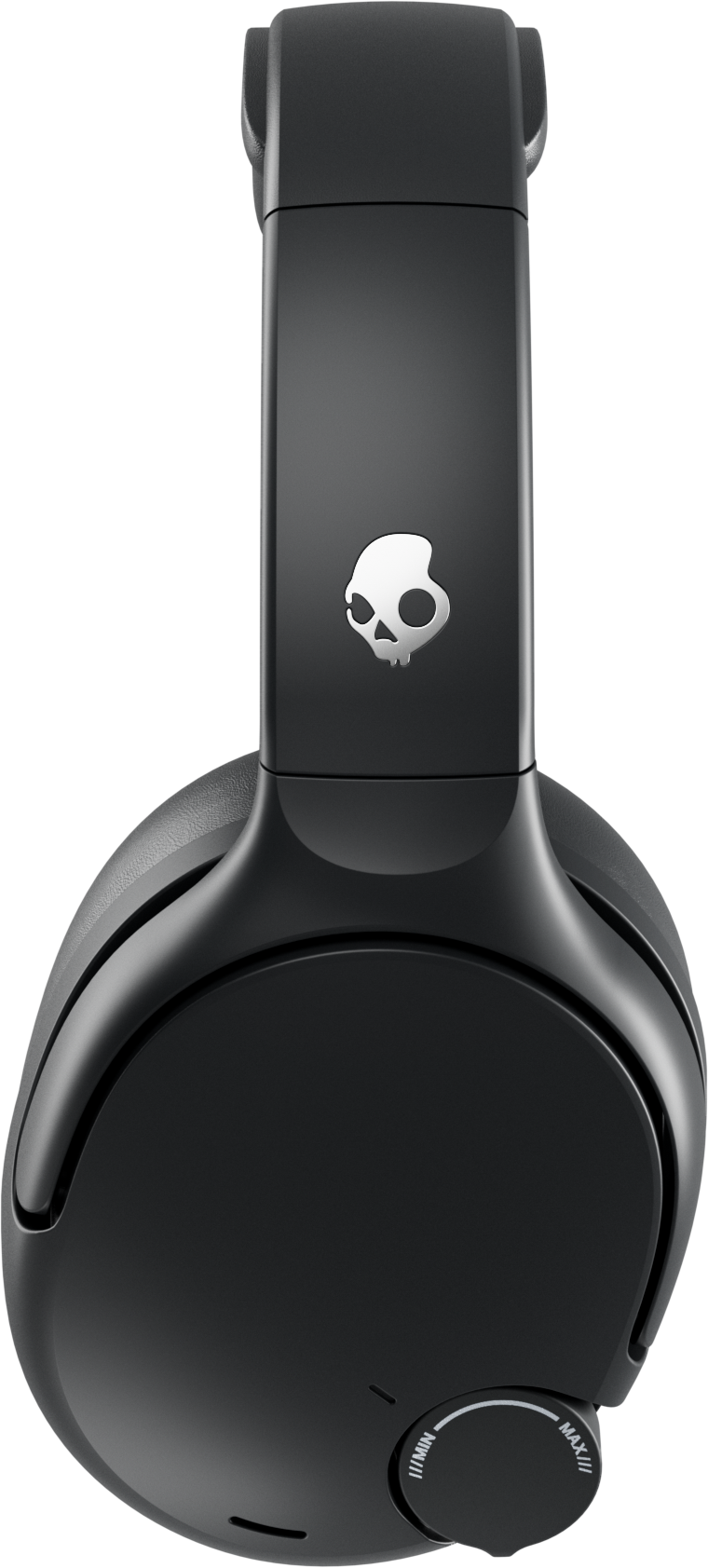 Schwarze Kopfhörer mit weißem Totenkopf-Logo auf dem Bügel und Lautstärkeregler.