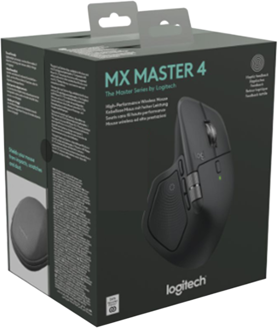 Emballage de la souris Logitech MX Master 4 montrant la souris et les détails du produit.