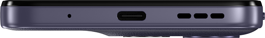 Lila okostelefon alsó nézete, USB-C porttal és hangszóróráccsal.