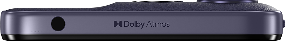 Lila okostelefon oldal fejhallgató-csatlakozóval és Dolby Atmos logóval.