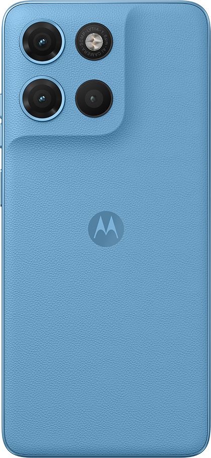 Kék okostelefon hátulja négy kamerával és Motorola logóval.