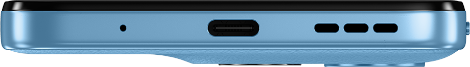 Kék okostelefon alsó részének közelképe, USB-C porttal.