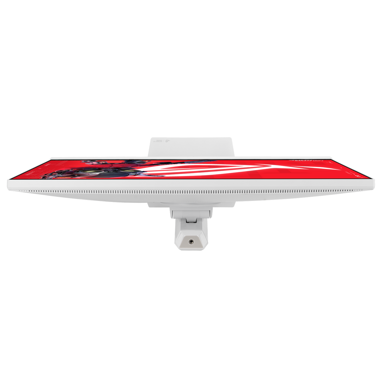 Un monitor blanco que muestra una imagen de fondo roja se muestra desde arriba.