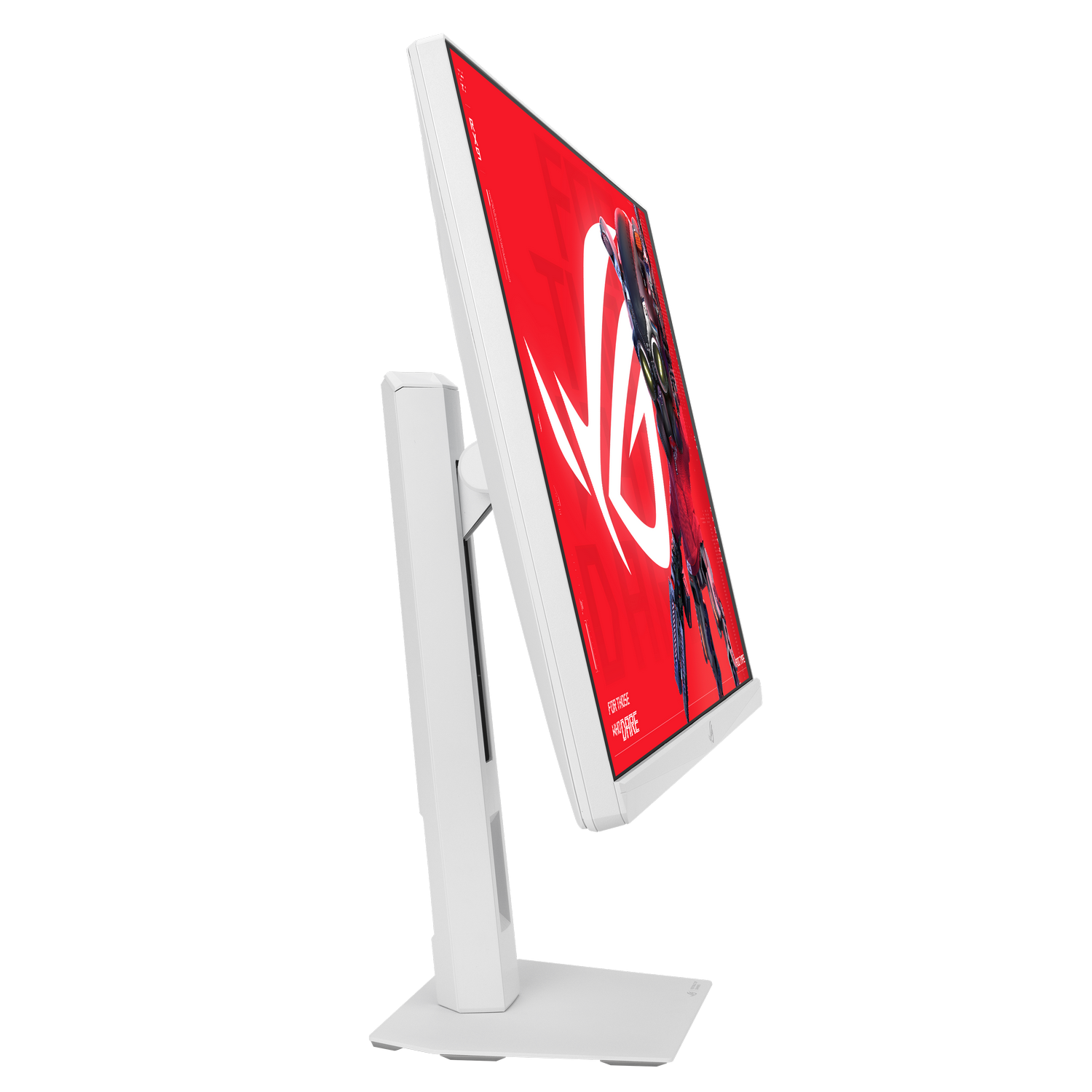 Monitor blanco con logo ROG rojo y diseño de guerrero en pantalla.