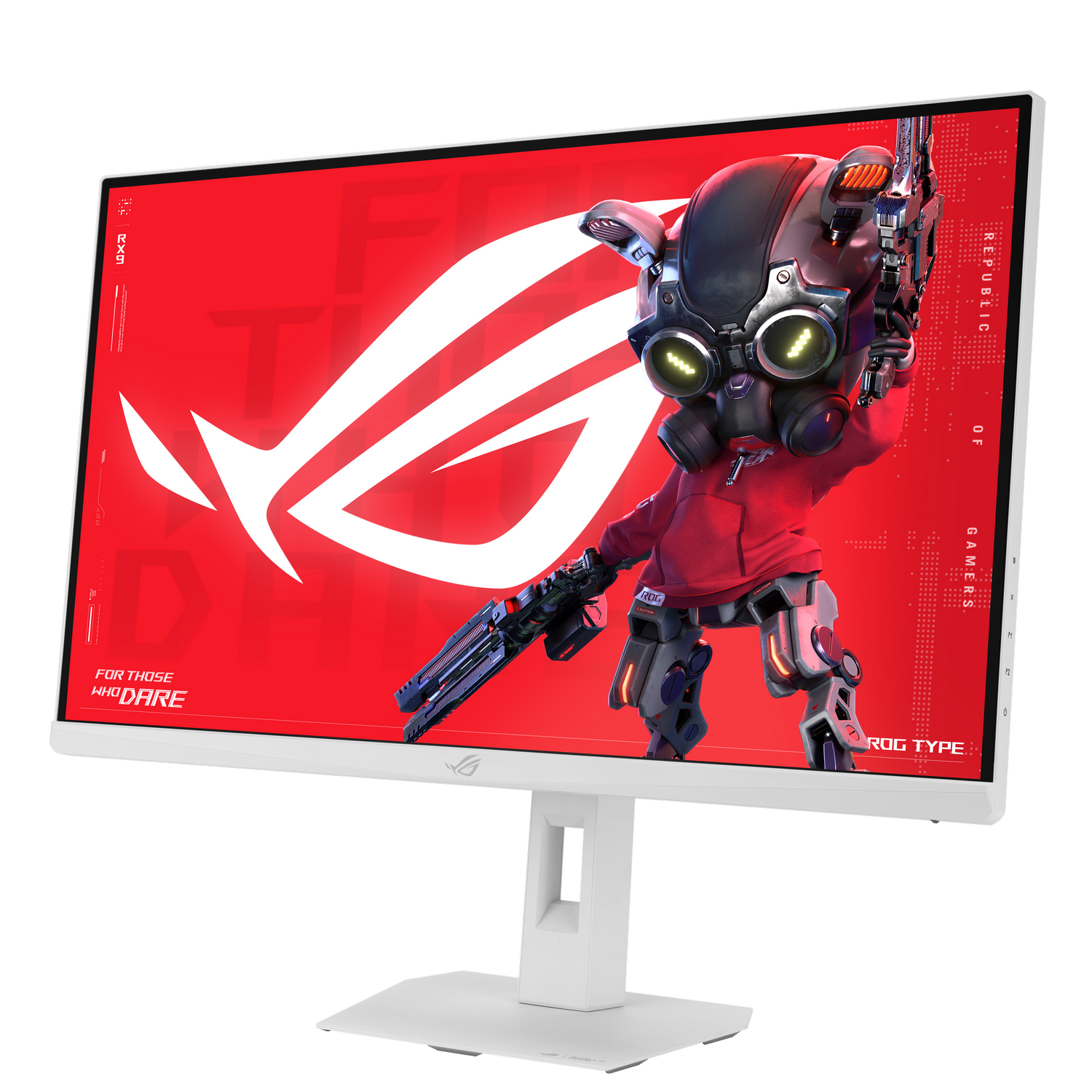 Un monitor blanco muestra un fondo rojo con un gran logo blanco de ROG y un personaje cíborg.