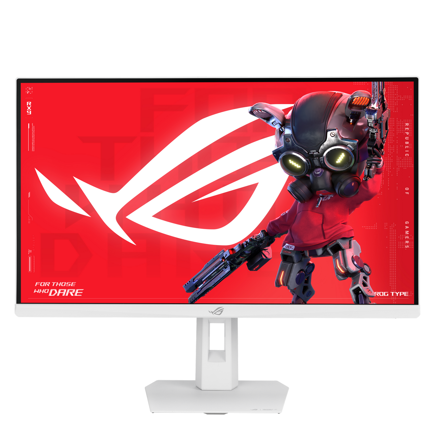 Un cyborg con máscara de gas y arma frente al logo ROG sobre fondo rojo.