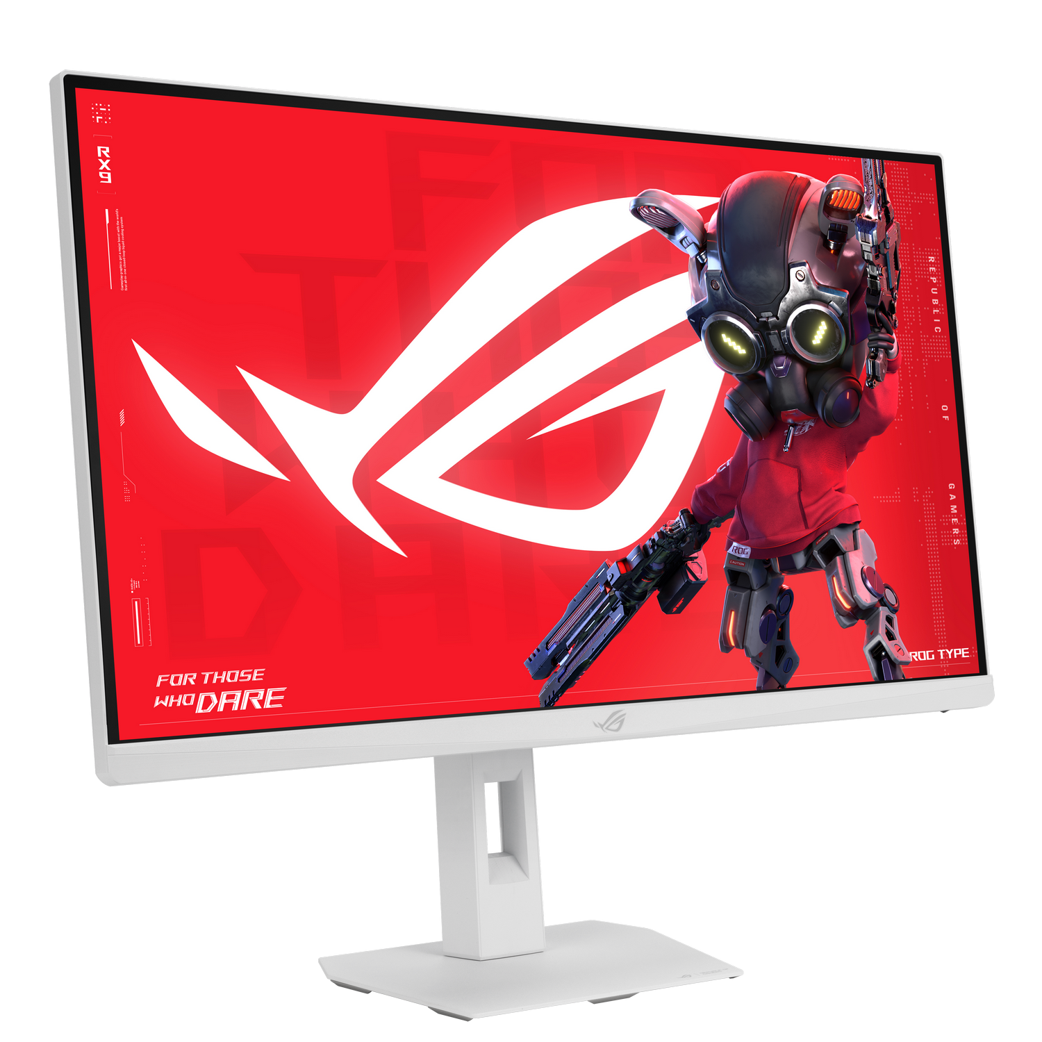 Un monitor ROG muestra un fondo rojo con un personaje animado.