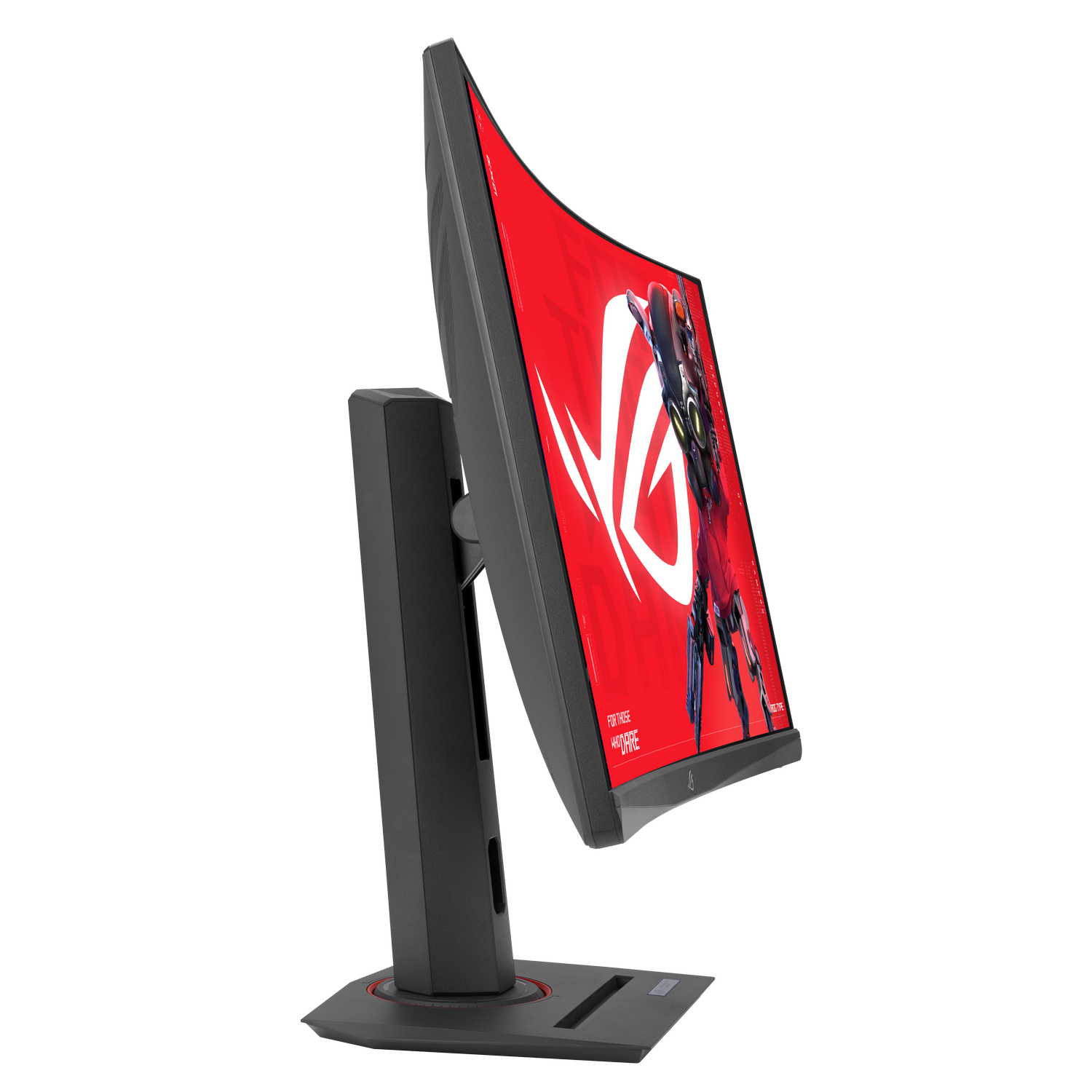 Un monitor gaming negro con pantalla curva que muestra un logo ROG rojo y una imagen de robot.