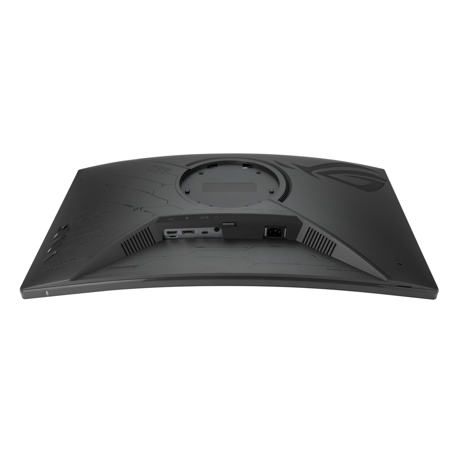 La parte posterior de un monitor negro con puertos como HDMI y USB.